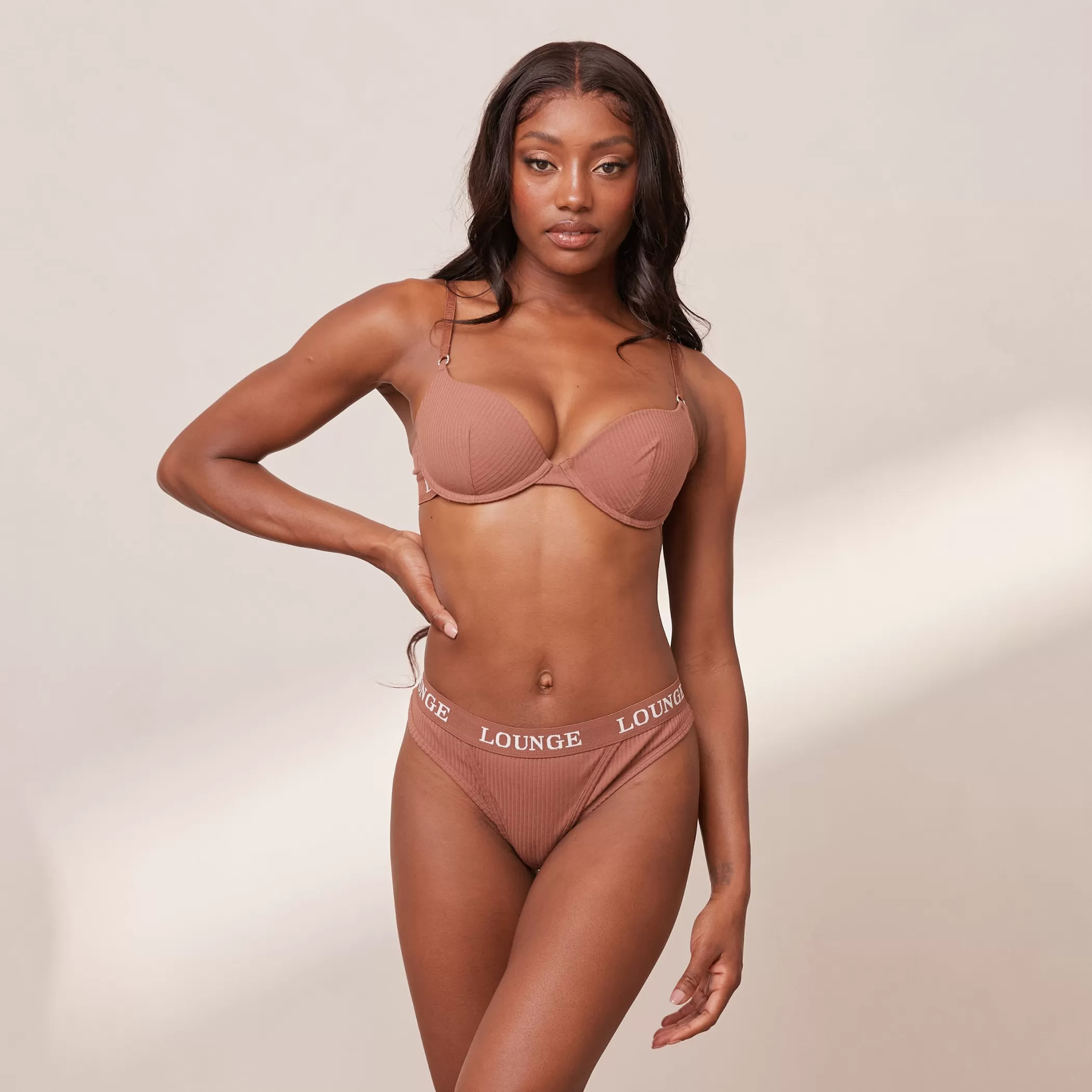 Bras | Lounge Ultra Comfort Ribbed T-Shirt Bra & Thong Set - Mocha