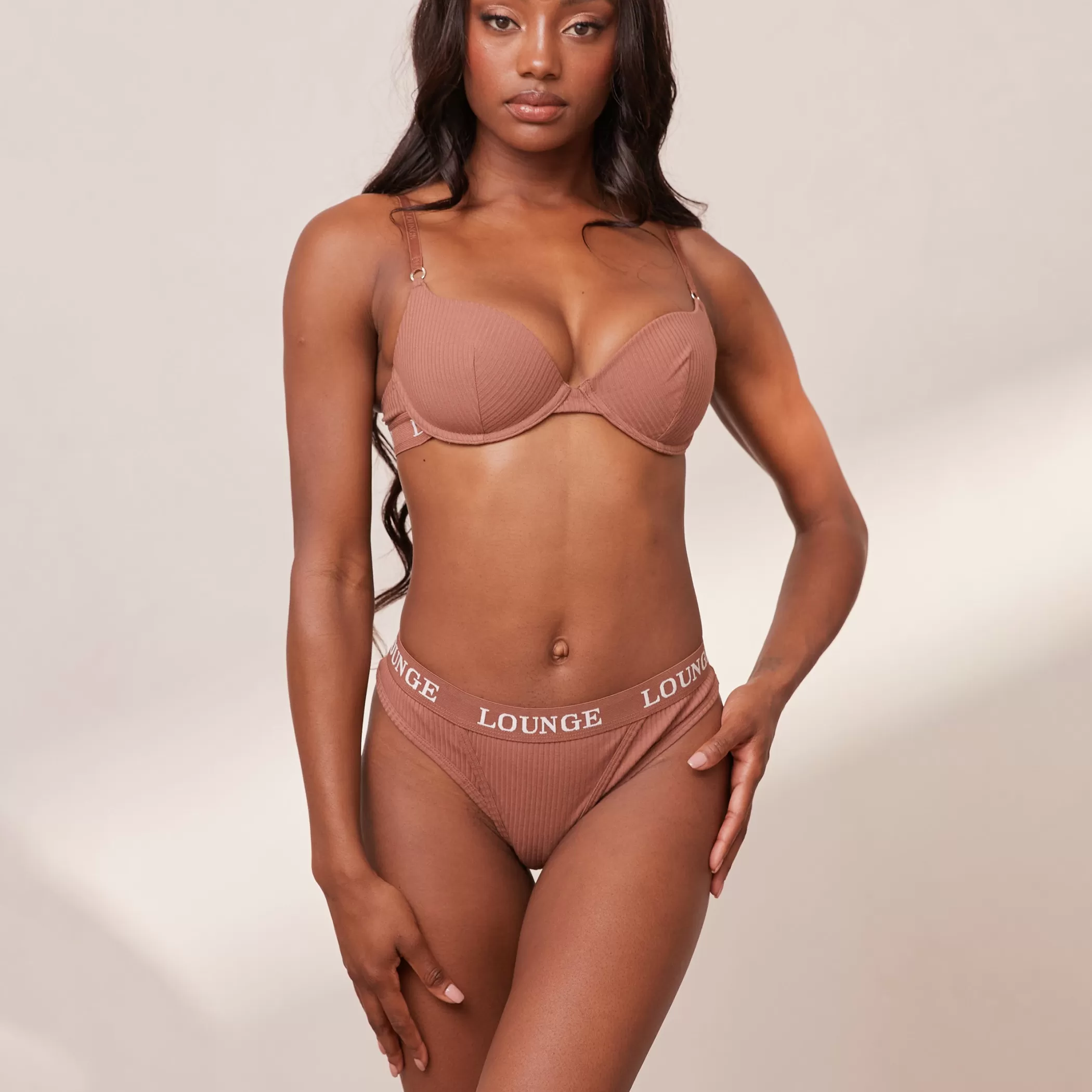 Bras | Lounge Ultra Comfort Ribbed T-Shirt Bra & Thong Set - Mocha